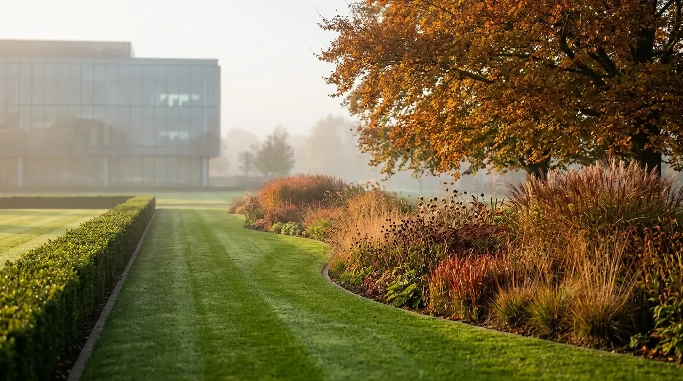 Autumn color beds with warm seasonal plantings and tidy, cleared grounds on a managed commercial property