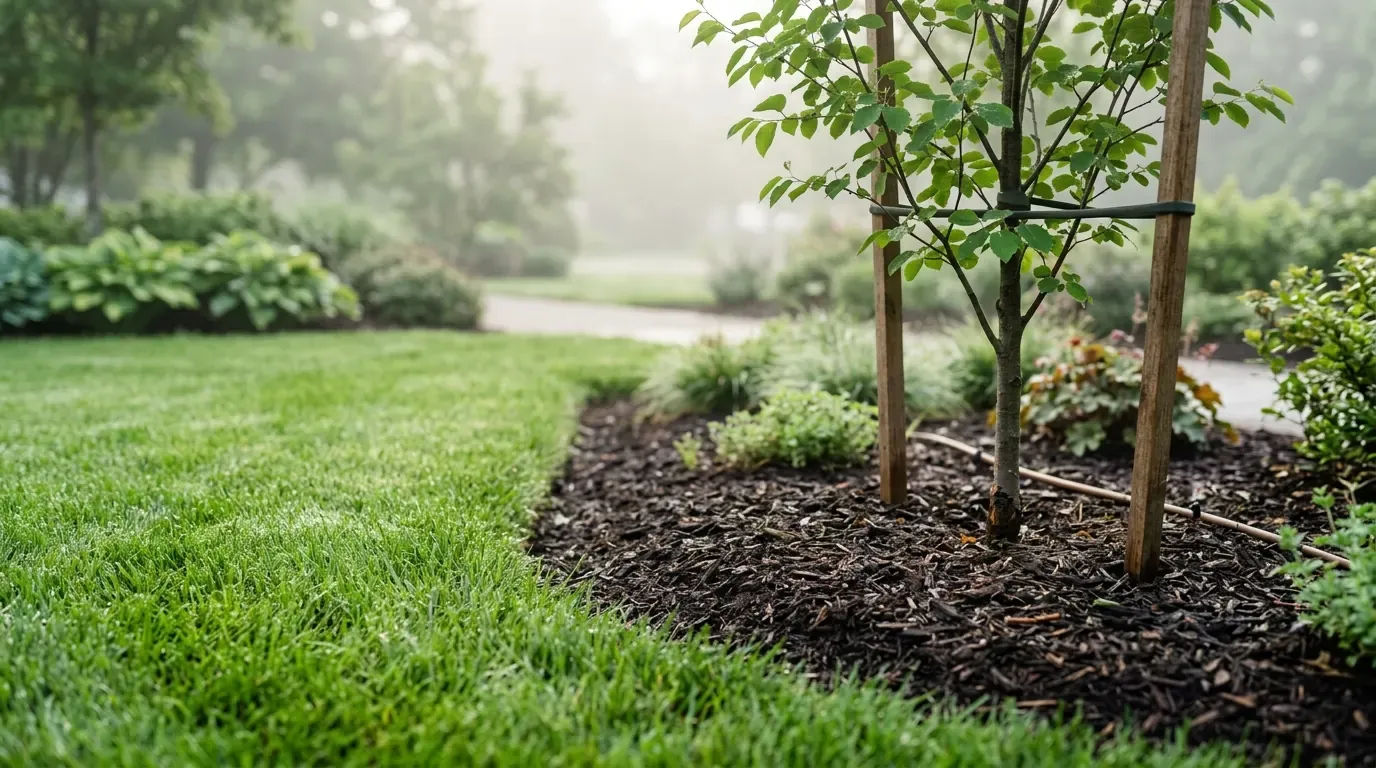 A young staked ornamental tree in a freshly mulched bed meeting healthy turf, with morning mist over an established commercial landscape