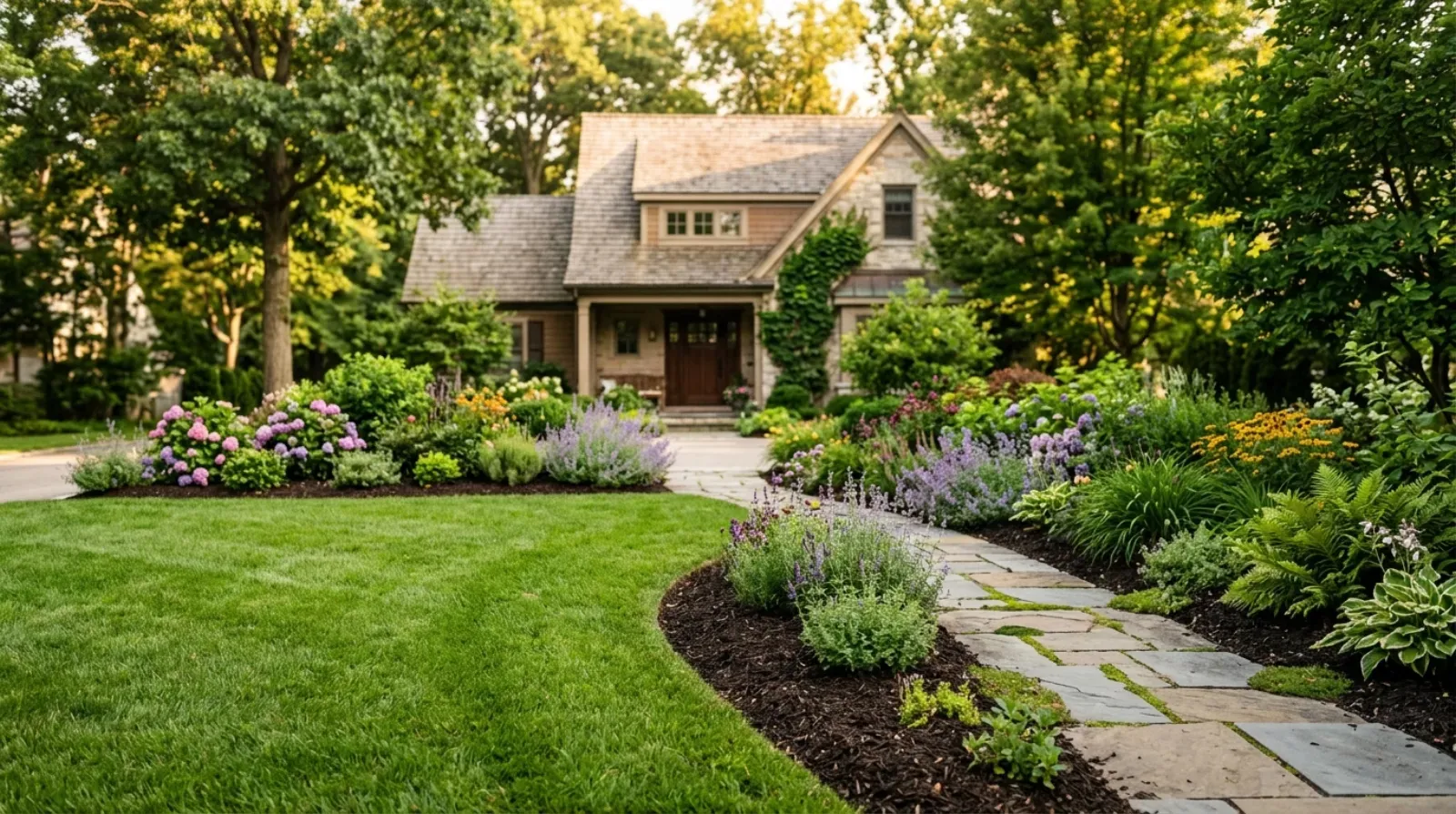 A beautifully designed residential front-yard landscape with a lush lawn, layered planting beds of flowering shrubs and perennials, and a clean mulch edge in warm afternoon light