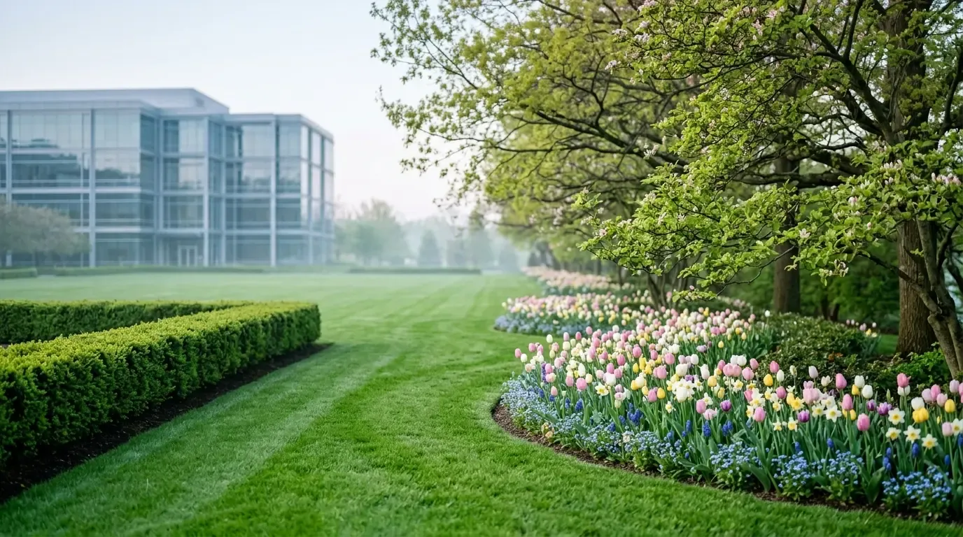 A designed spring color bed full of bright blooms against crisp green turf in soft morning light on a managed commercial property