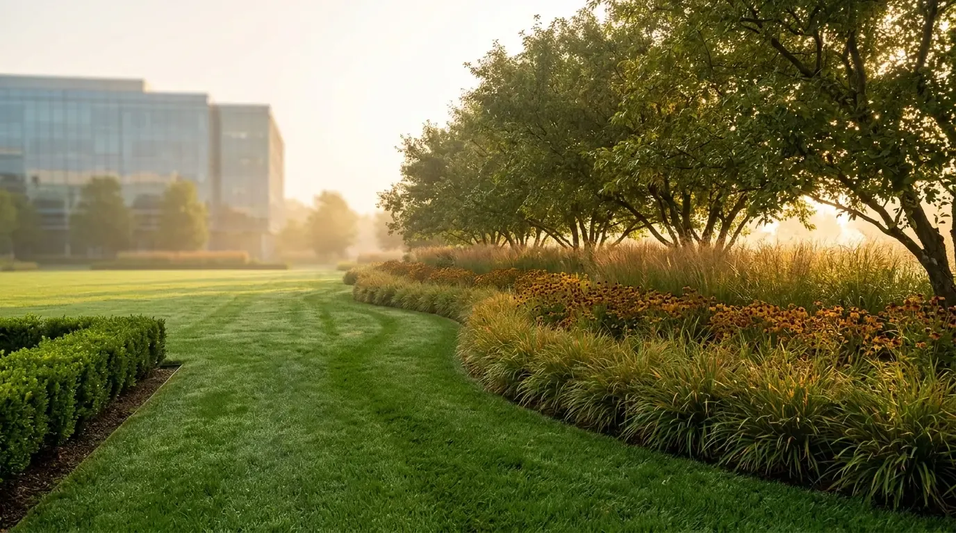 Lush summer planting beds in full bloom beside densely green turf on a well-maintained commercial landscape at midday