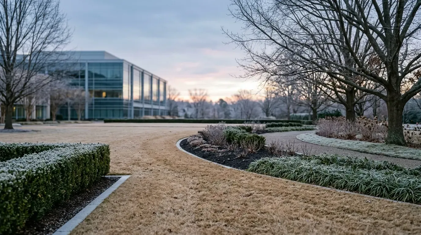 A dormant-season commercial landscape with crisp bed lines, evergreen structure, and cool-season plantings under pale winter light